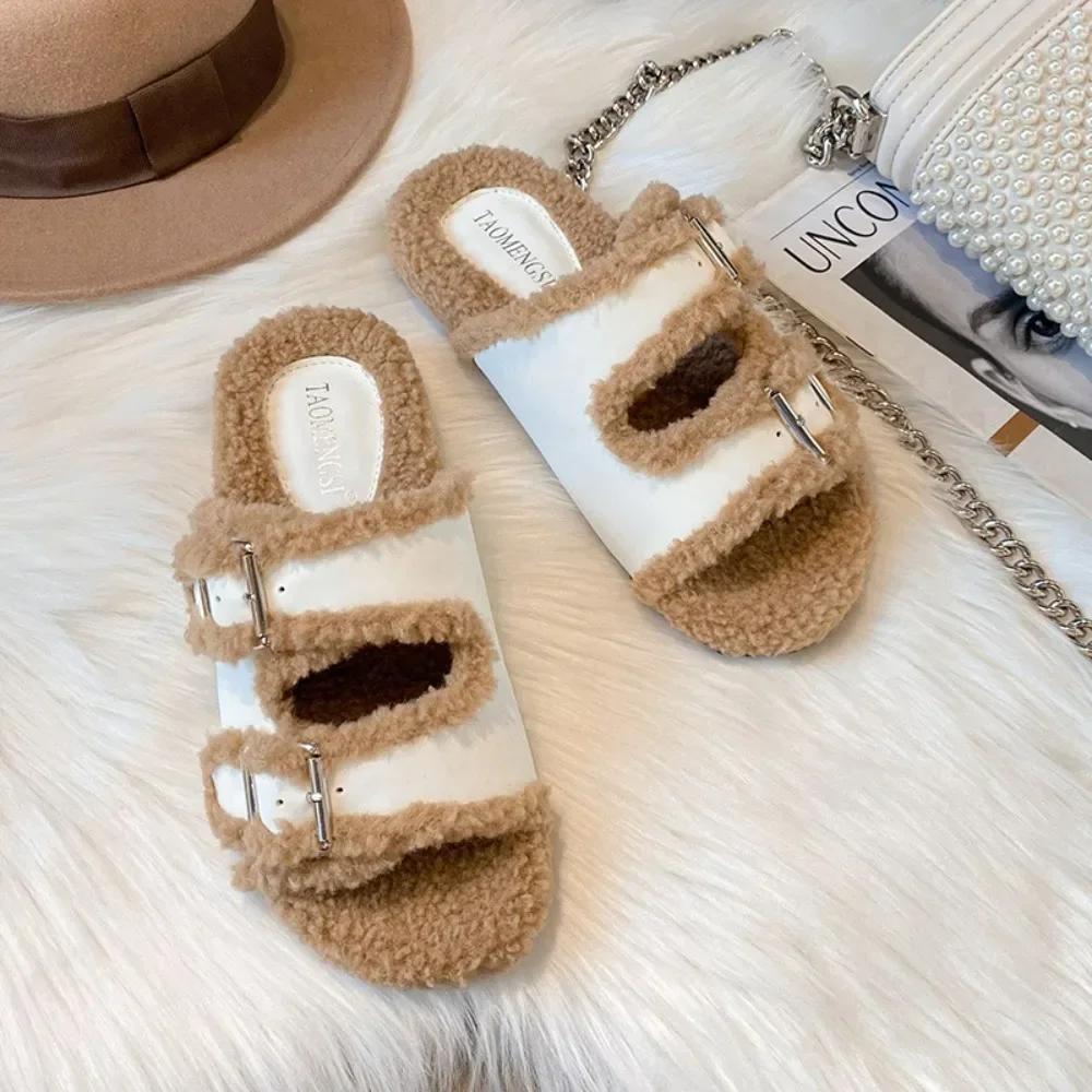Women's Platform Slippers Fashion Outside Double Button Plush Slippers Women Winter Belt Buckle Slippers Chanclas Mujer