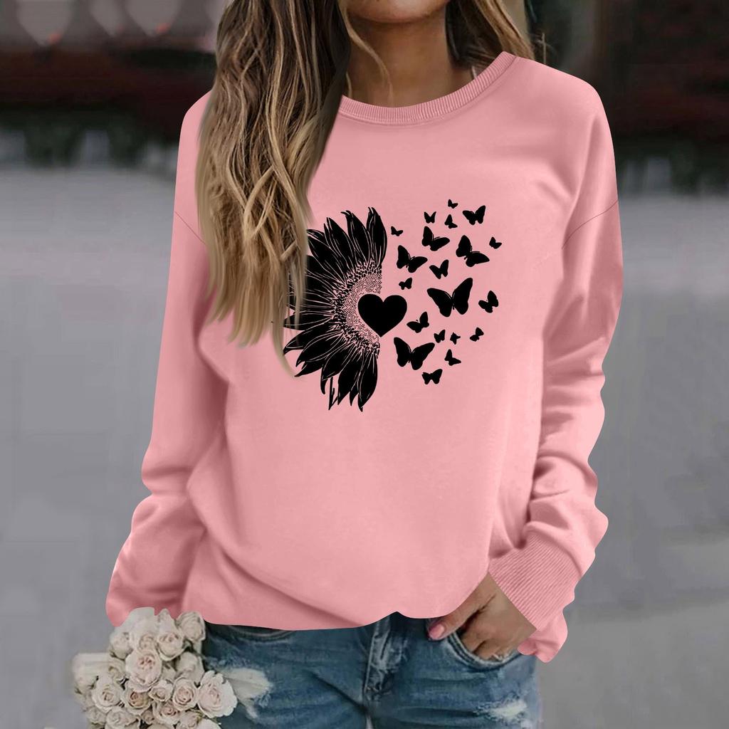 Damenmode Lässig Langarm Einfarbig Bedruckt Rundhals Oberteil Sweatshirt