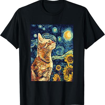 Van Gogh Starry Night Cat Shirt Van Gogh Cat Painting T-Shirt