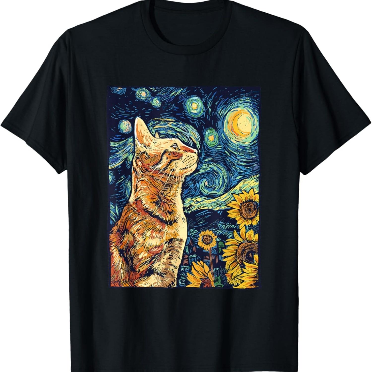 Van Gogh Starry Night Cat Shirt Van Gogh Cat Painting T-Shirt S
