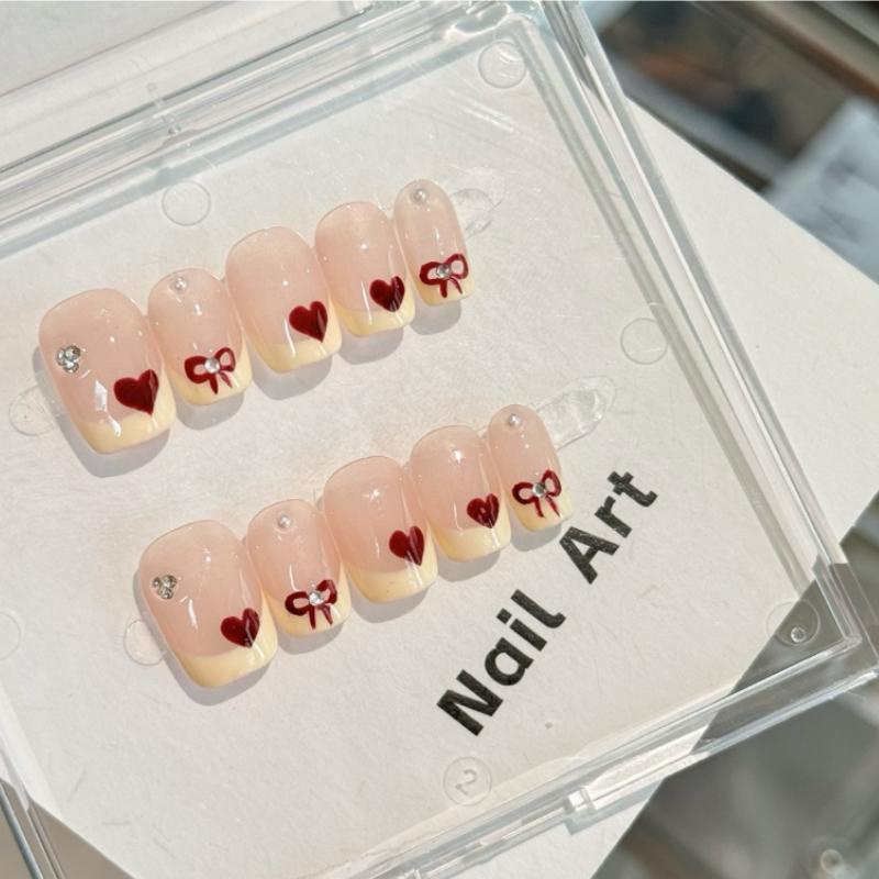10Pcs Yellow French Press On Nails - Red Heart & Bow Fake Nails XS