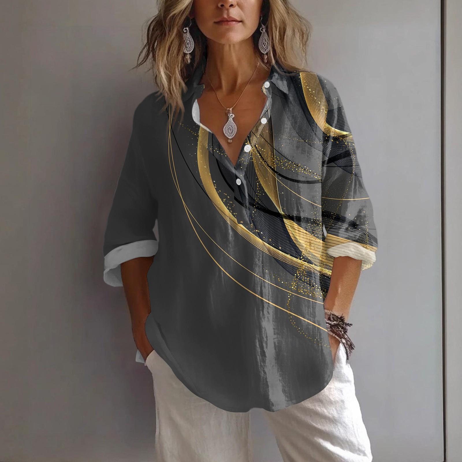 

Жіноча повсякденна весняно-літня вільна сорочка-пуловер з лацканами та принтом XL