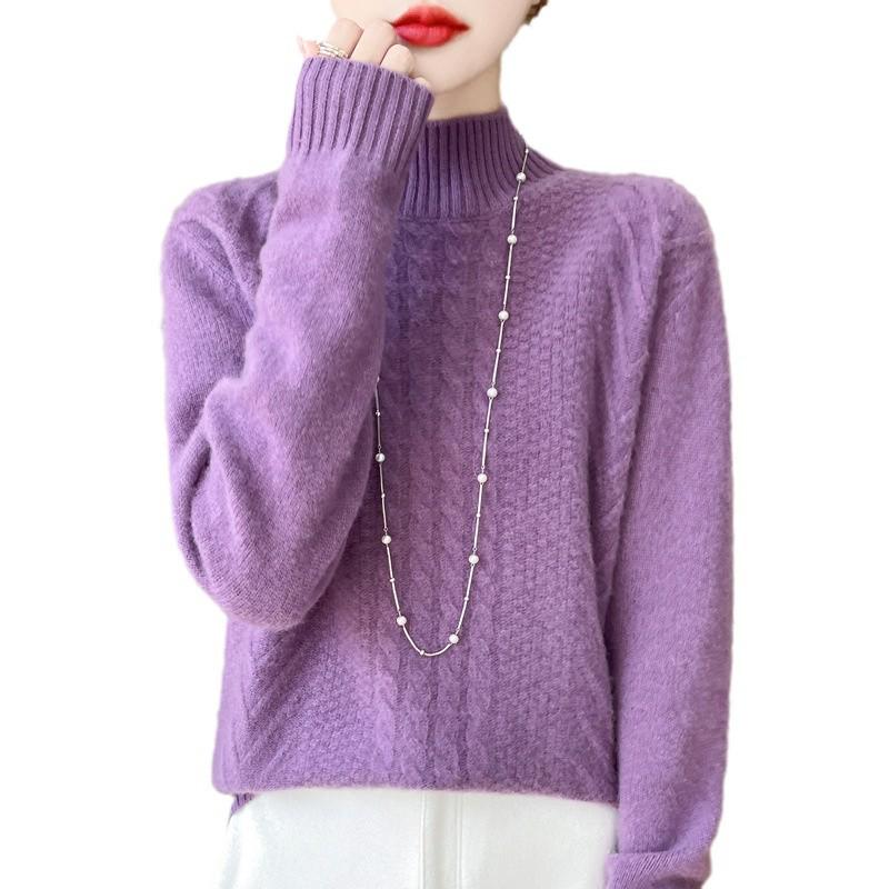2024 Women's Thick Wool Cable Knit Half-High Neck Pullover Sweater for Autumn and Winter.