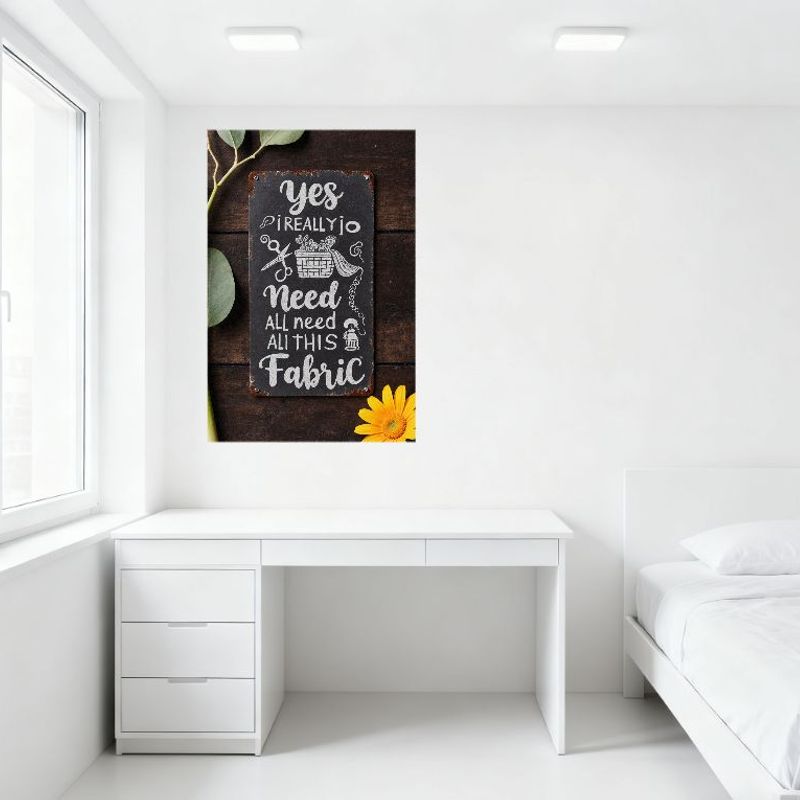 Vintage Rustic Dark Gray Metal Sign, White Hand-Drawn Sewing Text & Doodles (Scissors, Fabric, Spools), Brown Metal Border, for