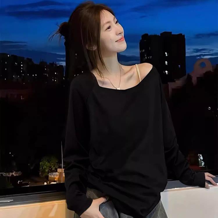 Übergroßes schulterfreies Langarm-T-Shirt für Damen, einfarbig, lässige Oberteile, Damen, Frühling, Herbst, Basic-Tees, koreanischer Stil, Jugendblusen