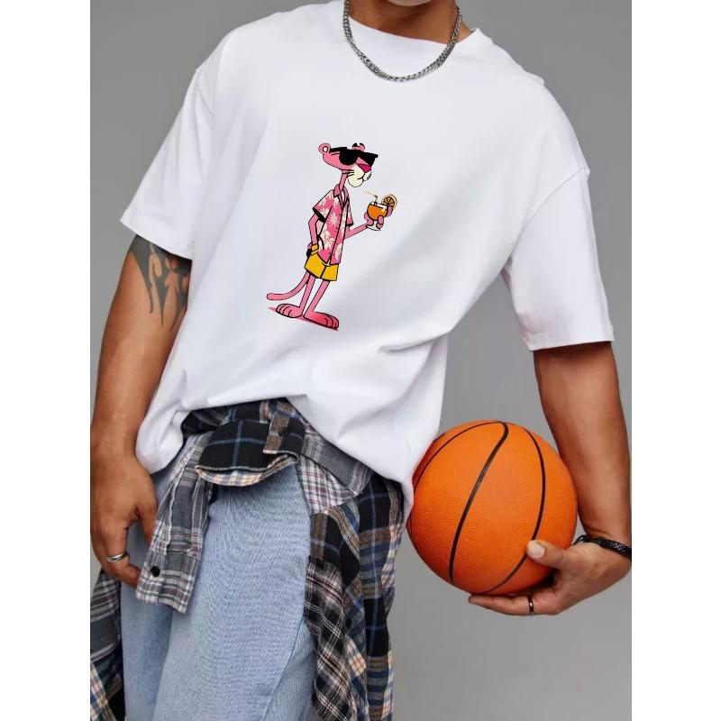 Crewneck T Shirt White Pink Panther Cartoon Character with Cocktail Summer Beach Wear