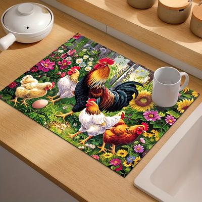 1Pcs Rooster Rubber Drying Mat With Retro Coffee Tableware For Coffee Shop Kitchen Carpet Tableware Durable Diatom Mud Table Mat Pet Coffeeware Mat