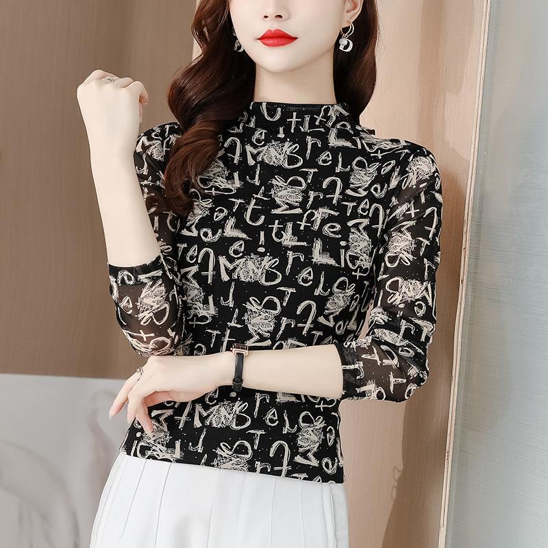 Letters and Color Mesh Top for Women In Autumn and Winter Half Turtleneck Bottoming Shirt Long Sleeves T-shirt Body-beautiful Shirt