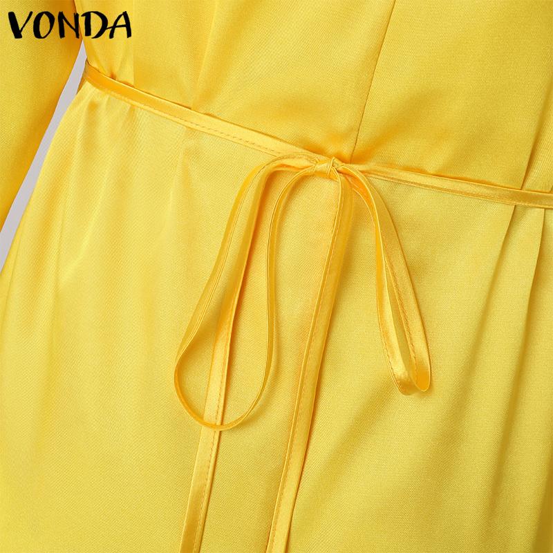 VONDA Vestido camisero de manga larga de satén con abertura en color liso a la moda para mujer