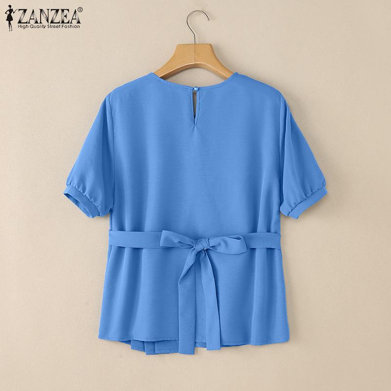 ZANZEA Women Summer Casual Round Neck Solid Color Short Sleeve Blouse