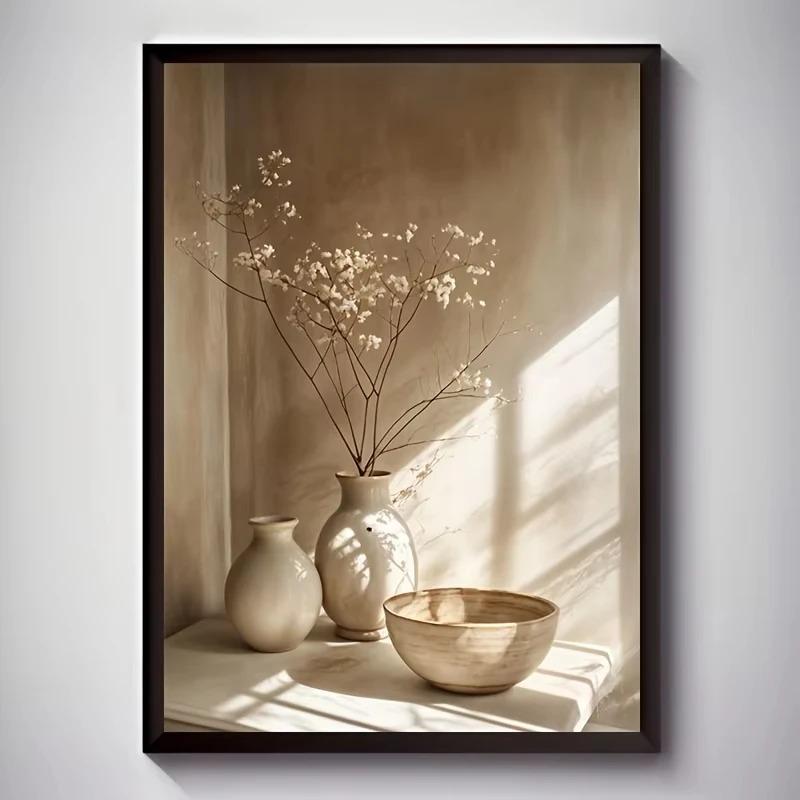 Flores Abstractas Modernas Plantas en Maceta Póster sin Marco Jarrón Vintage Pintura sobre Lienzo Decoración de Pared Decoración Bohemia para Habitación del Hogar