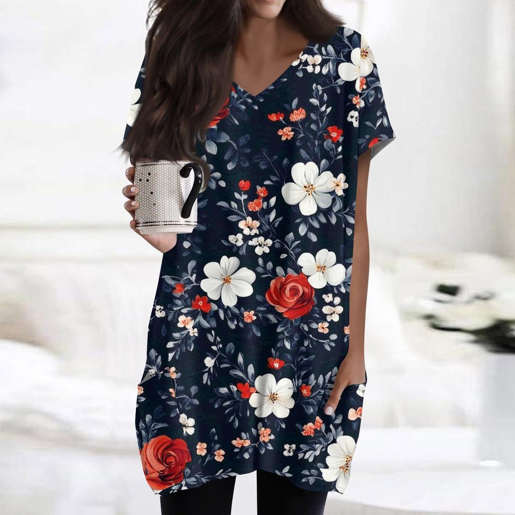 Haut à manches courtes pour femme, tendance et décontracté, col en V, imprimé floral, longueur midi, poche