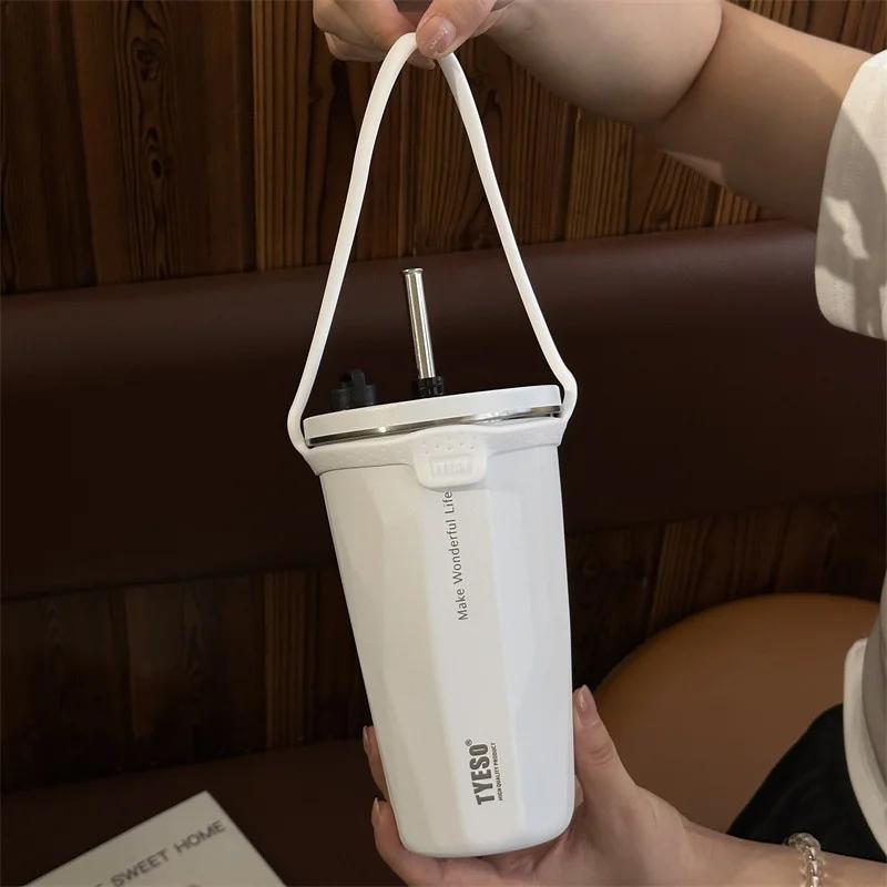 Stainless Steel Coffee Cups Vacuum Insulated Mugs Portable Large Capacity Ice Bar Thermal Cup with Silicone Rope Straw Water Cup