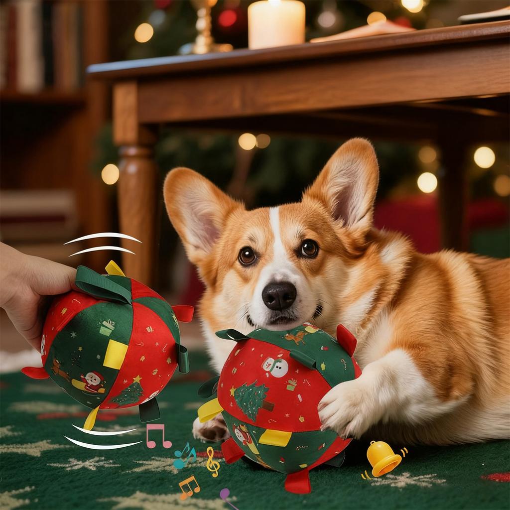 Christmas Ball Dog Toy, Christmas Interactive Ball Built-in Chimes Plush Stuffed Squeaky Dog Toy With Xmas Tree Snowman Pattern Pet Training Toy