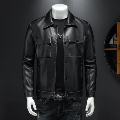 New Genuine Leather Jacket Men's Autumn Handsome Korean Style Trendy Slim Men's Lapel Versatile Motorcycle Leather Jacket
