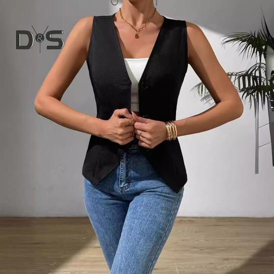 Women's Dressy Suit Vest V-Neck Button Down Blazer Waistcoat Sleeveless Crop Top Slim Fit Work Office Outfit