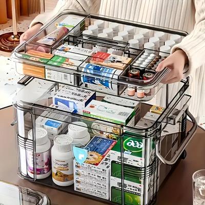 1pc Durable Double-Layer Medicine Storage Box with Handle | Transparent Gray, Waterproof, Multi-Compartment Design for Home, Travel