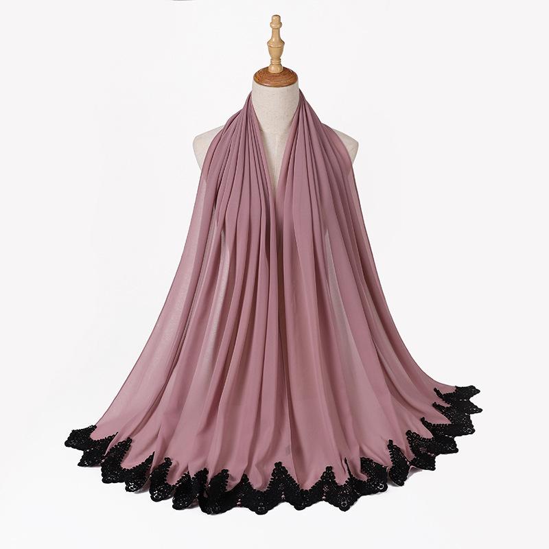 New Pearl Chiffon Malaysia Fashion Black Lace Scarves Muslim Shawl Plain Soft Turban Head Wraps Headband