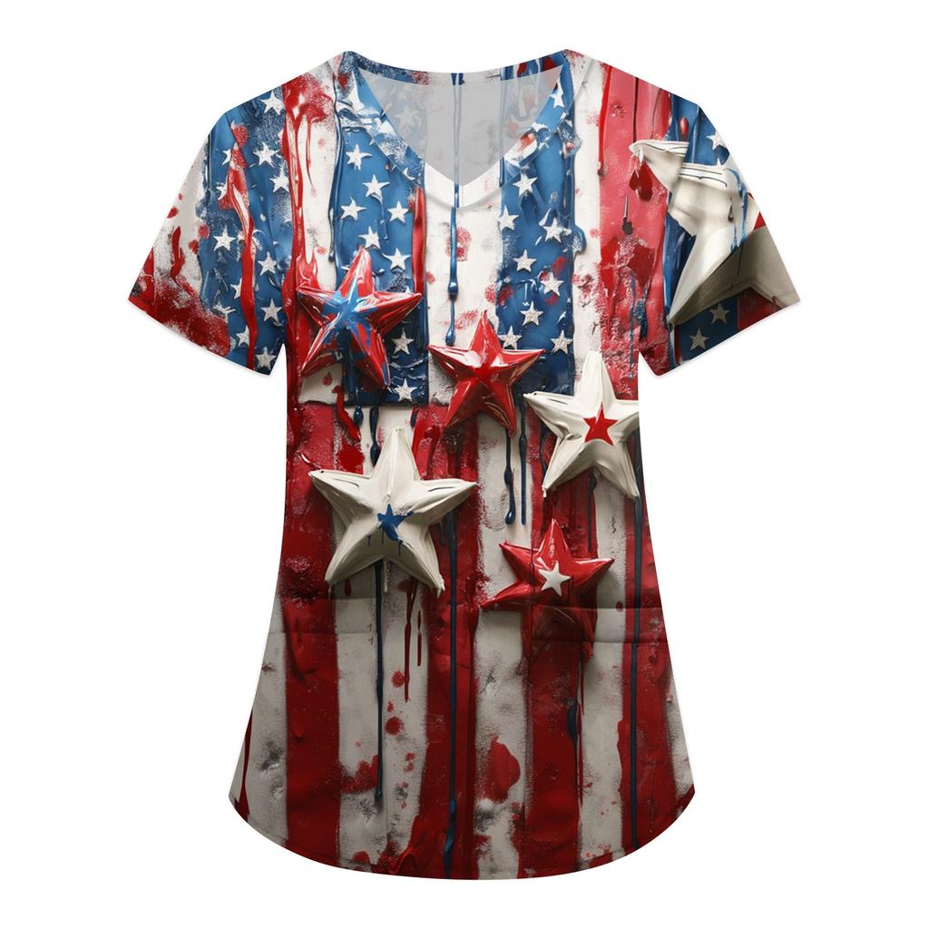 Women's Fashion V-Neck Short Sleeve Overalls With Pockets Print Tops Clothes