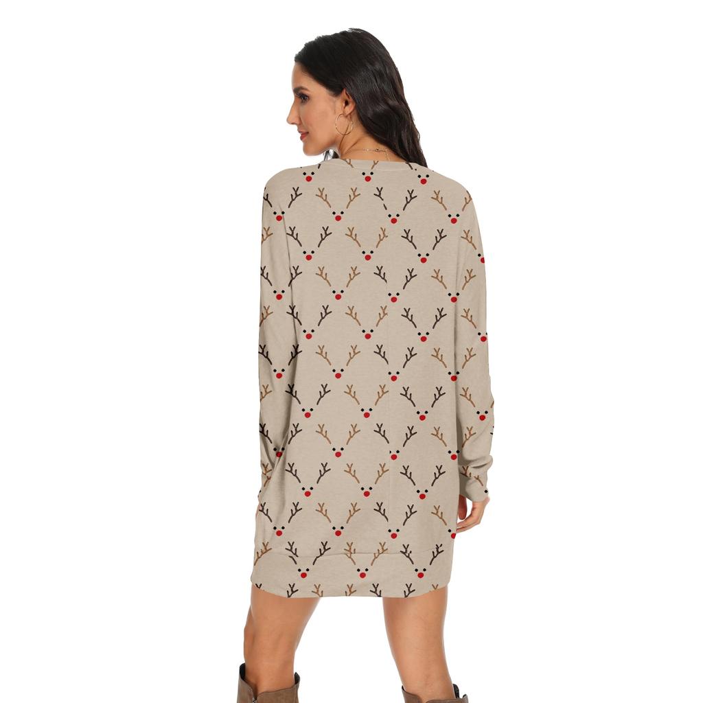 Women's Retro Printed Fashionable Long-sleeved Round-neck Pocket Dress