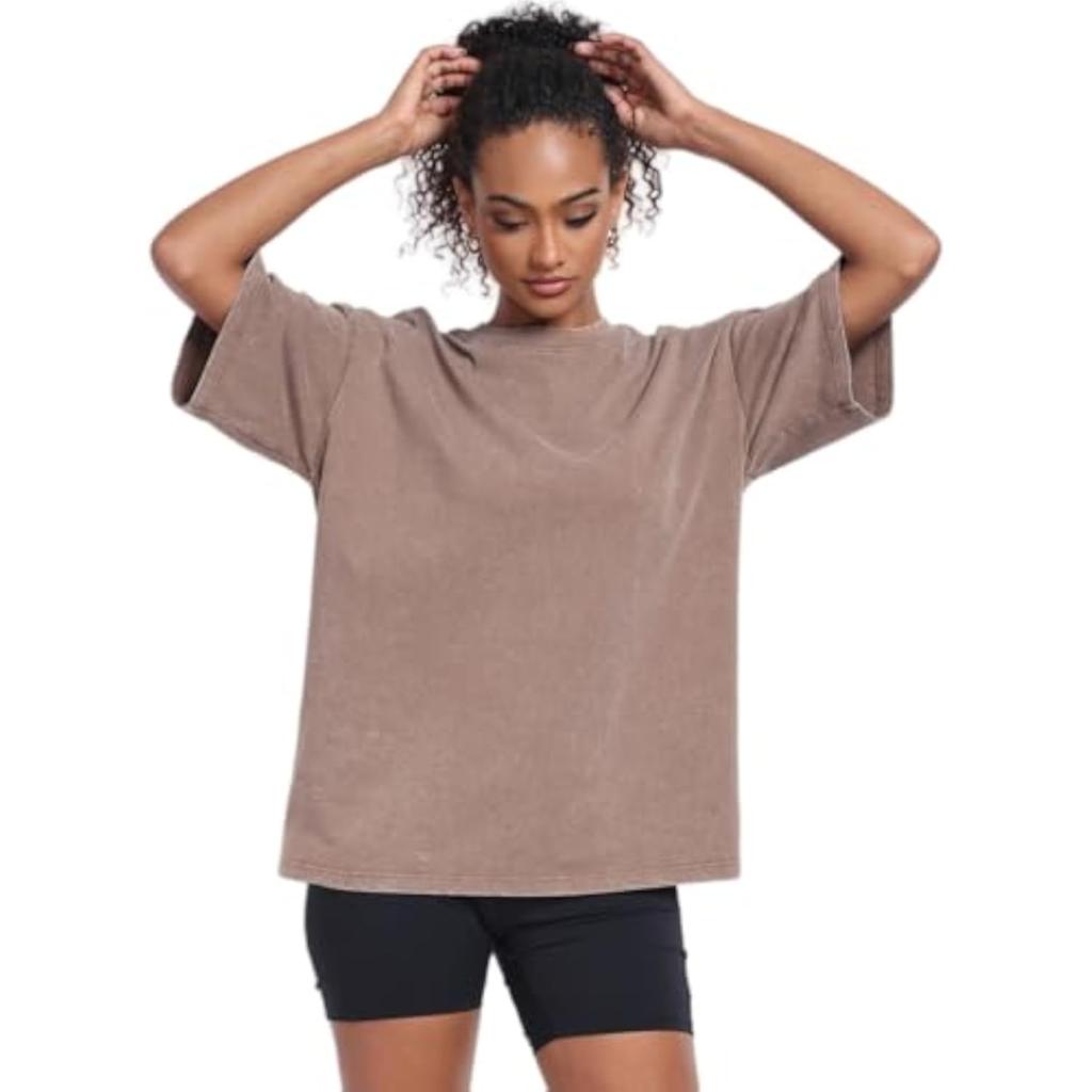 Women's Washed Retro Oversized T-Shirt Loose Sports Top Short Sleeve Cotton