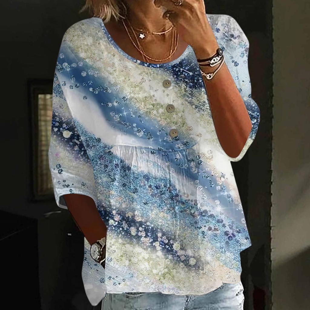 Women's Fashion Casual Three-quarter Sleeve Loose Round Neck Button Floral Print Top