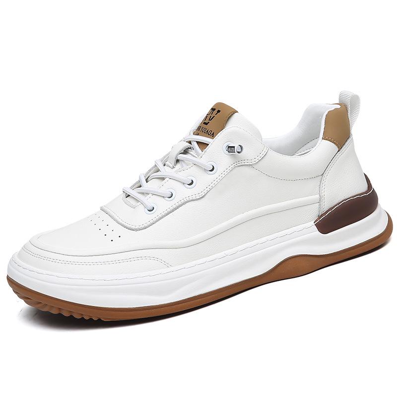 Men's Genuine Leather Crooked Head White Sneakers - Spring, Versatile, Thick Sole, Breathable, Hollow Casual Board Shoes