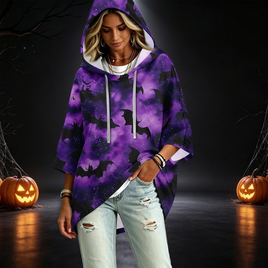 Women's 3/4 Sleeve Hooded Pullover Top with Halloween Print