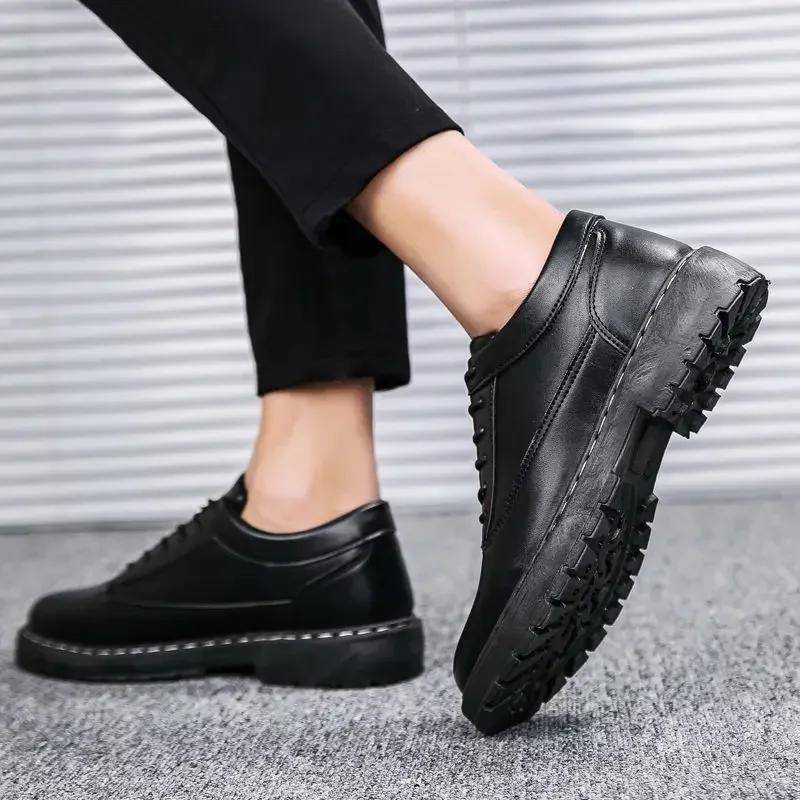 Fashion Men's Leather Brogue Shoes Black Lace Up Comfortable Low Price Size 45 On Sale Male Casual Shoe Footwear Offer Luxury 2024 Trend