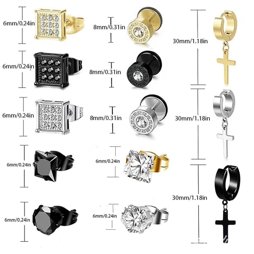 15 Paar Edelstahl Strass Kreuz Anhänger Stecker & Barbell Zirkon Ohrringe Set für Herren