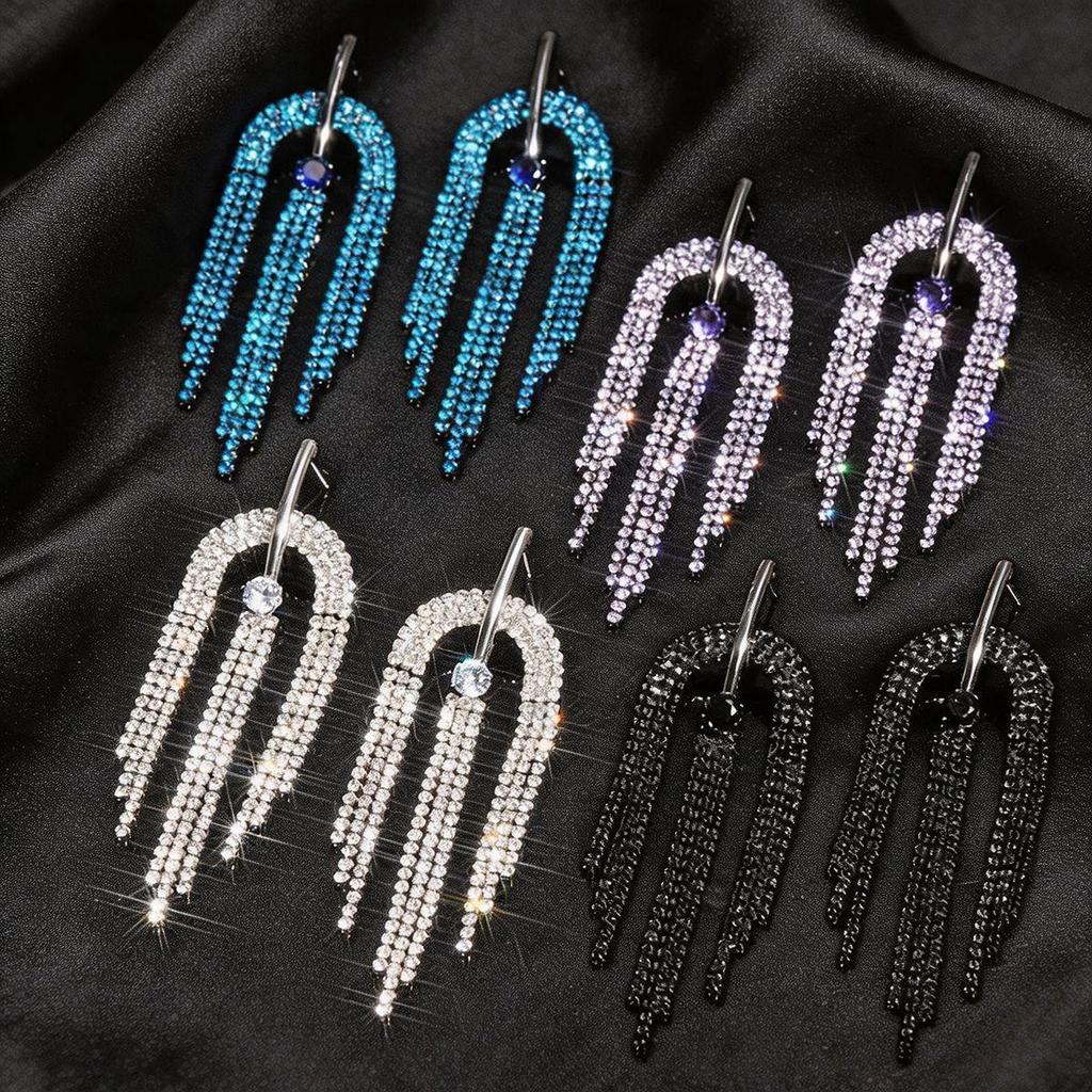 Silver Needle Diamond Tassel Stud Earrings - Retro Palace Style