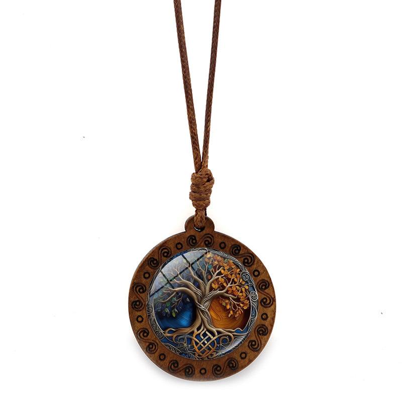 Colorful Tree of Life Wooden Pendant Necklace Women's Versatile Jewelry European and American Vintage Sweater Chain