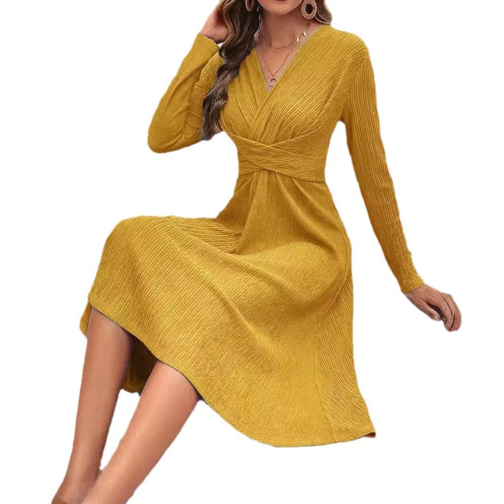 Women's Solid Color Long-sleeved V-neck Knee-length Dress