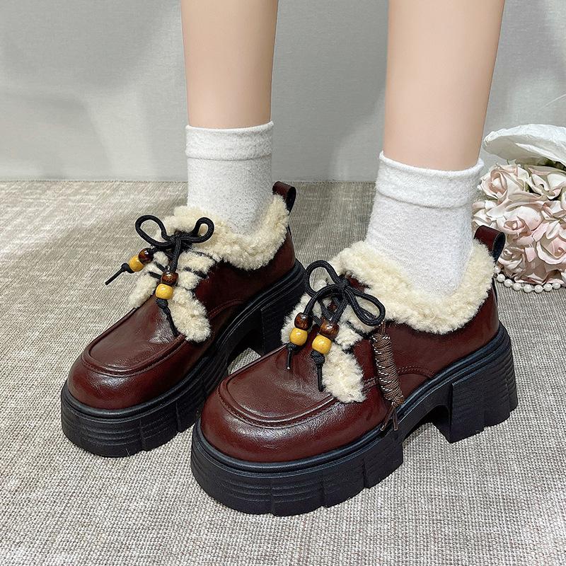 Winter Fluffy Shoes Women's 2025 New British Style Small Leather Shoes, Plush Thick-soled Warm Cotton Shoes, Casual Snow Shoes