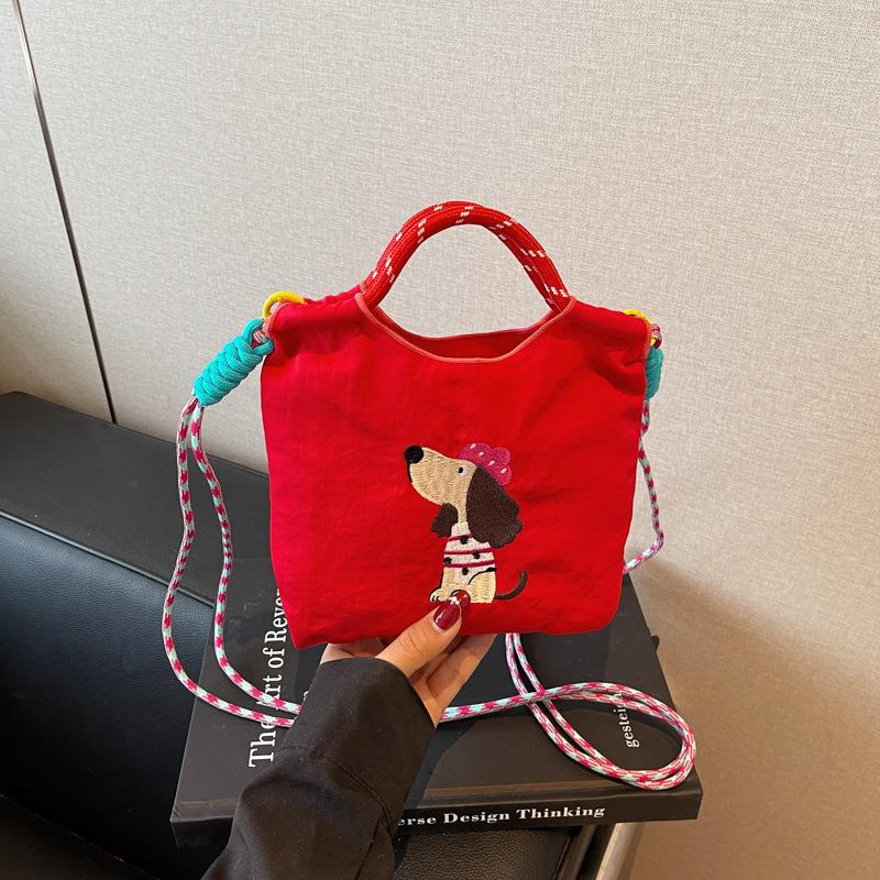 Cute Dachshund Embroidered Canvas Bag Women's Summer Casual Simple Versatile One Shoulder Crossbody Bag