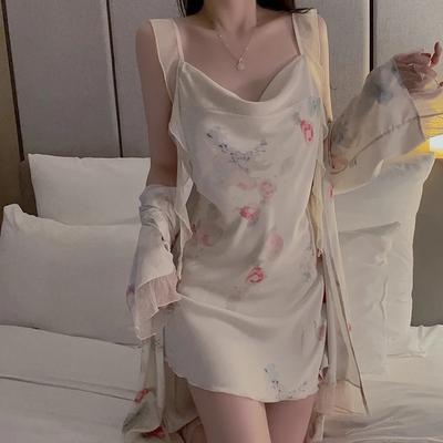 Underwear Women's Suit Floral Print Mesh Ribbon Champagne Backless Sexy Pajamas Pajamas for Women