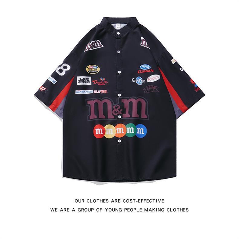 Men's American Retro Hiphop Street Racing Short-Sleeve Summer Shirt - Trendy, Motorcycle-Inspired, Loose, Thin Design