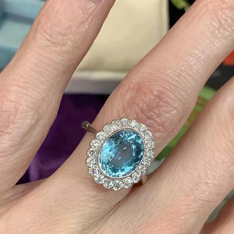 New Gorgeous Oval Sky Blue CZ Rings for Women Bling Vintage Accessories Elegant Lady's Finger Party Jewelry