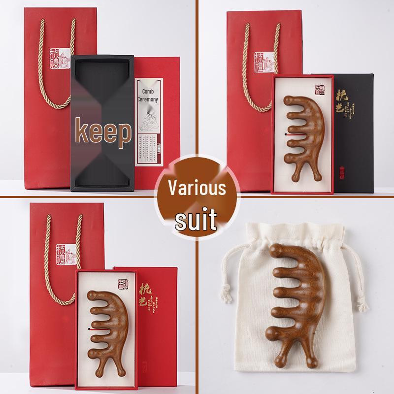 Golden Sandalwood Snail Massage Comb Set: Universal Five-Finger Comb and Portable Meridian Comb Gift Box