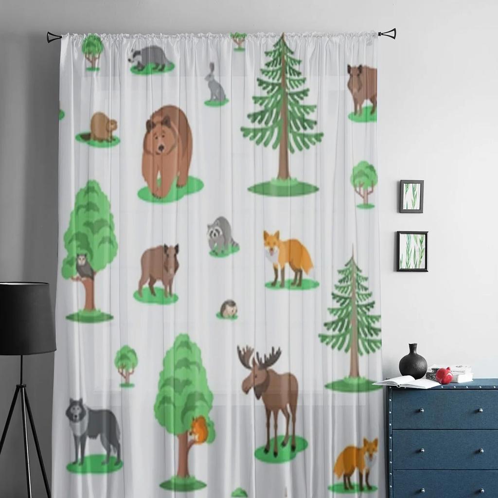Cute Forest Animals Chiffon Sheer Curtains For Living Room Bedroom Decoration Window Tulle Curtains Drapes