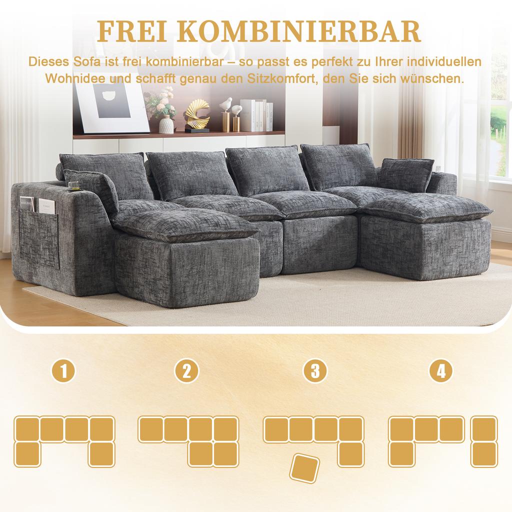Modular 4-Seater Sofa (2 Footstools), Cushion, Cup Holder, 2 Side Pockets, Foam/Spring Core. Freely Combinable(gray Chenille Fabric)