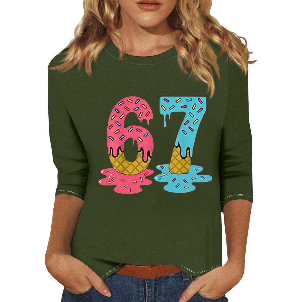 Women's Fashionable Casual Three-Quarter Sleeve Printed Neck T-Shirt Top