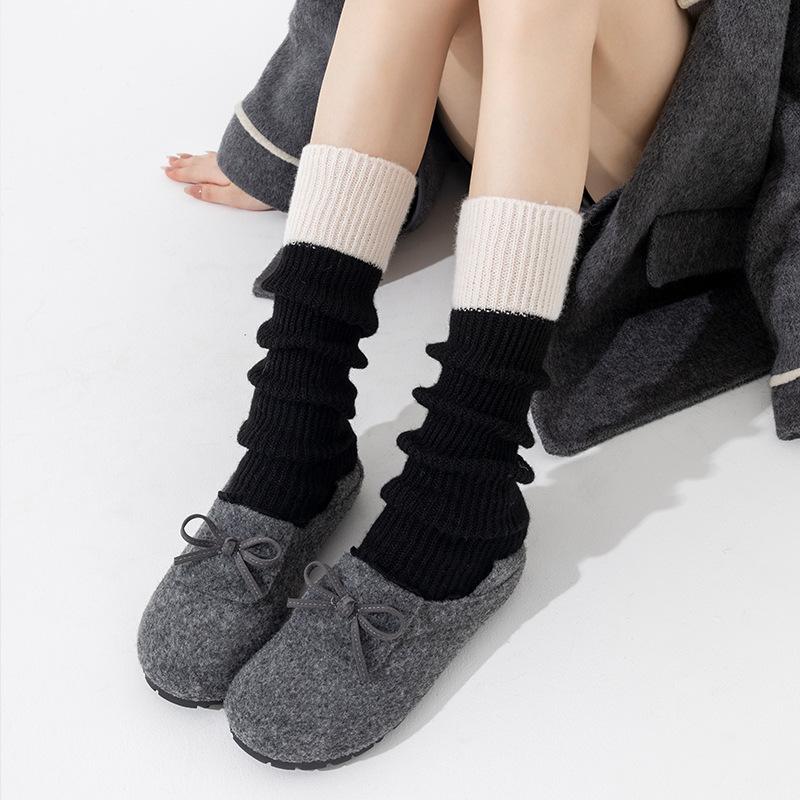 Stiefel Baumwolle Stapelsocken Überzug Gestrickte Wolle Beinüberzug Wolle Verdickt Warm Kontrastierende Spleißung Grau Wade