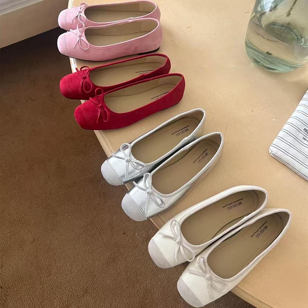 Casual ballet flat bottom small fresh versatile gray bow with soft bottom square head shallow mouth single shoes