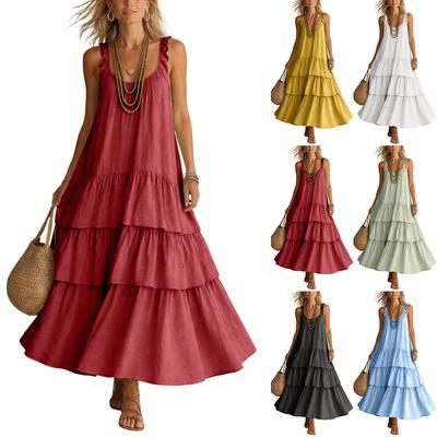 Women Sleeveless U Neck Ruffle Hem Tiered Maxi Dress Cotton Linen Loose Fit Summer Casual Sundress