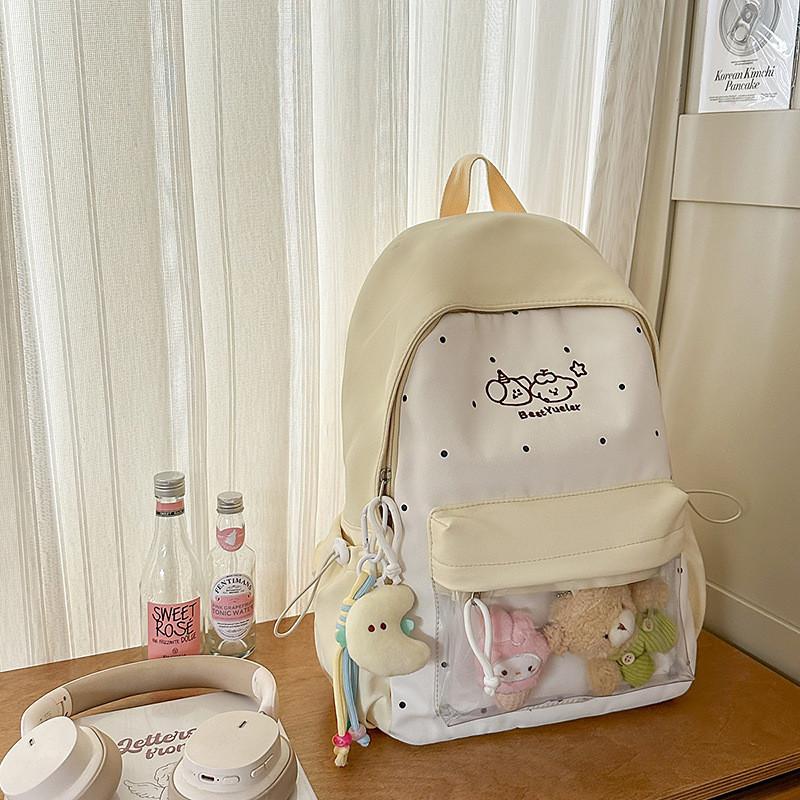 Süße Farbblock-Punkte-Cartoon-Kaninchen-Muster Schultasche Mit Anhänger Für Reisen Und Schule