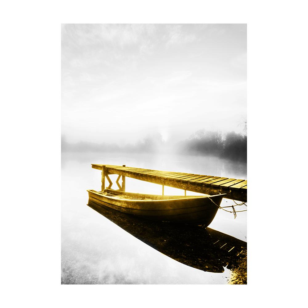Yellow Boat On The Lake Landscape Canvas Prints Gold Wooden Bridge Mountain Abstract Wall Art Paintings For Home Decor