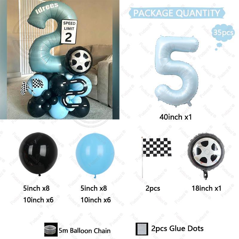 35pcs Tire Balloon Hand Cranked Flag Blue Numbers 1-9 Birthday Balloon Set Racing Themed Party Decoration Kids' Birthday Gift