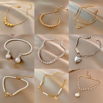 Fashion Personality Trend Bracelet Temperament Versatile Simple Pearl Bracelet Hong Kong Wind Geometric Niche Bracelet 