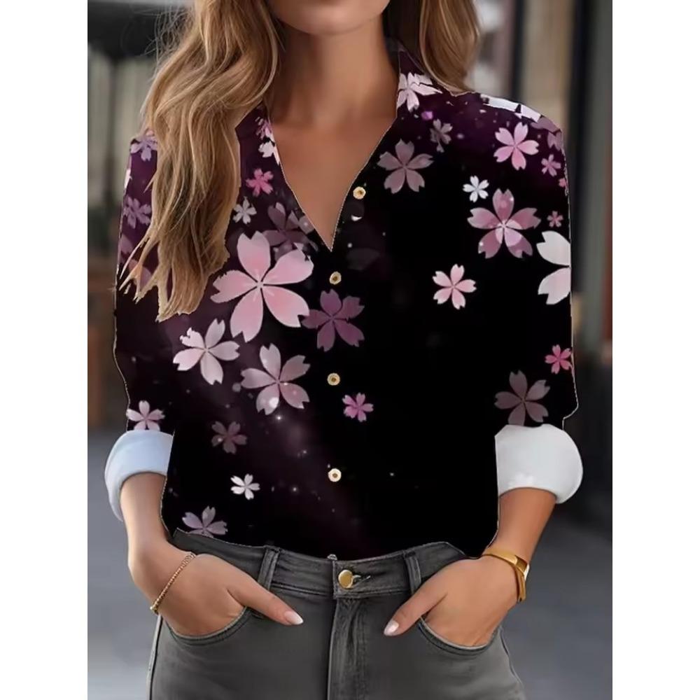 Women Casual Feather Print Turn Down Collar Long Sleeve Shirt White Pink Blue for Autumn Woman Clothing